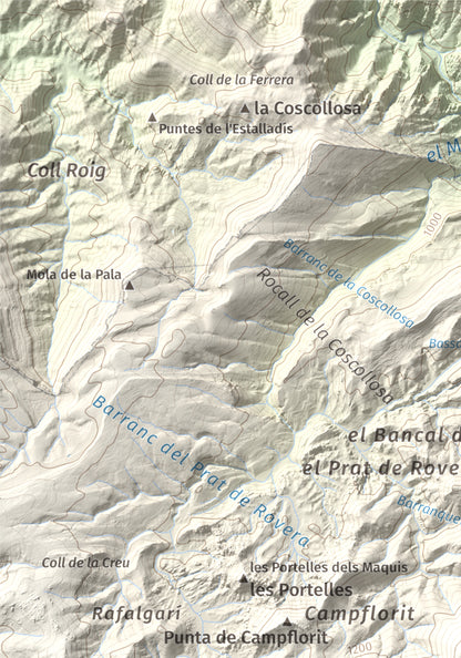 Mapa de relieve del Negrell, 1345 m, Montsià, lámina 100 Cims de Trobart. Detalle de la zona superior izquierda. 21 × 30 cm.