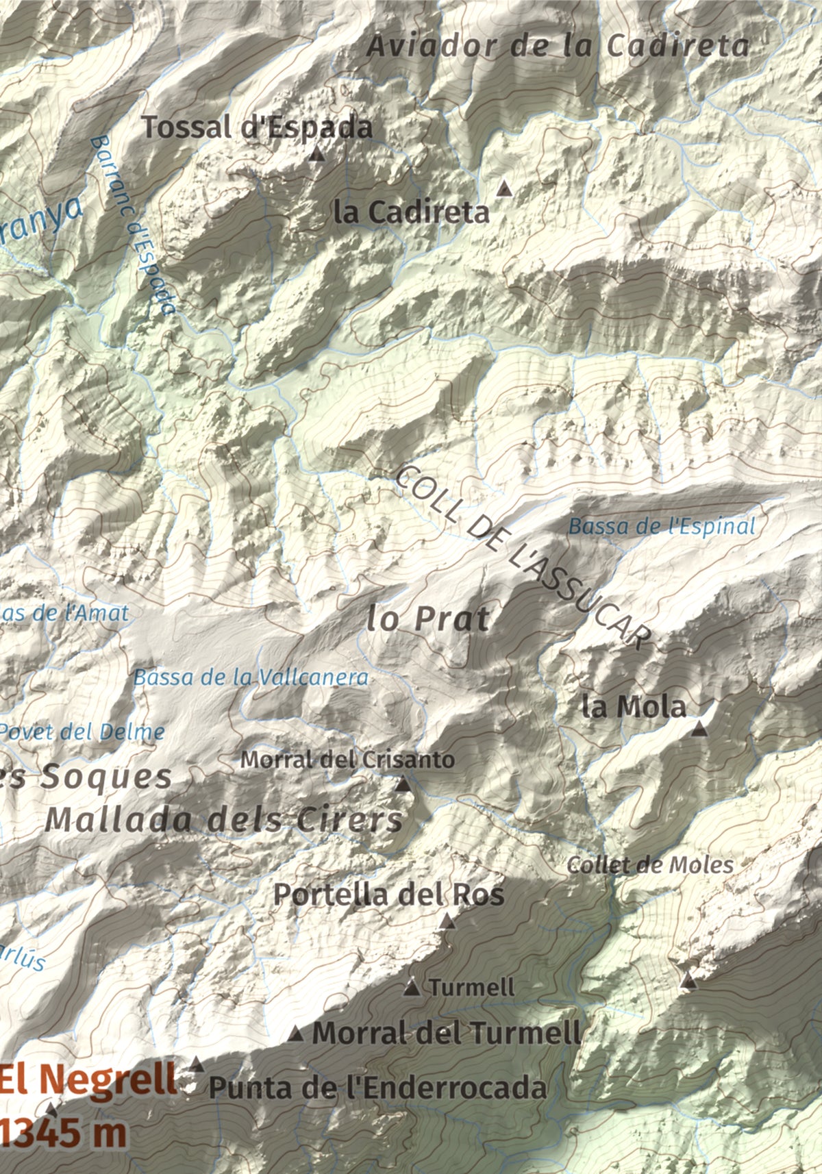 Mapa de relieve del Negrell, 1345 m, Montsià, lámina 100 Cims de Trobart. Detalle de la zona superior derecha. 21 × 30 cm.