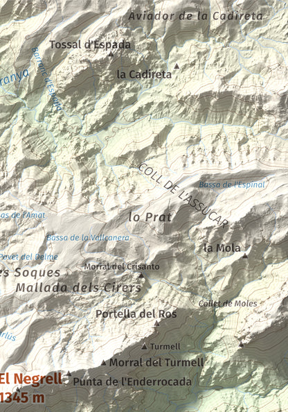 Mapa de relieve del Negrell, 1345 m, Montsià, lámina 100 Cims de Trobart. Detalle de la zona superior derecha. 21 × 30 cm.