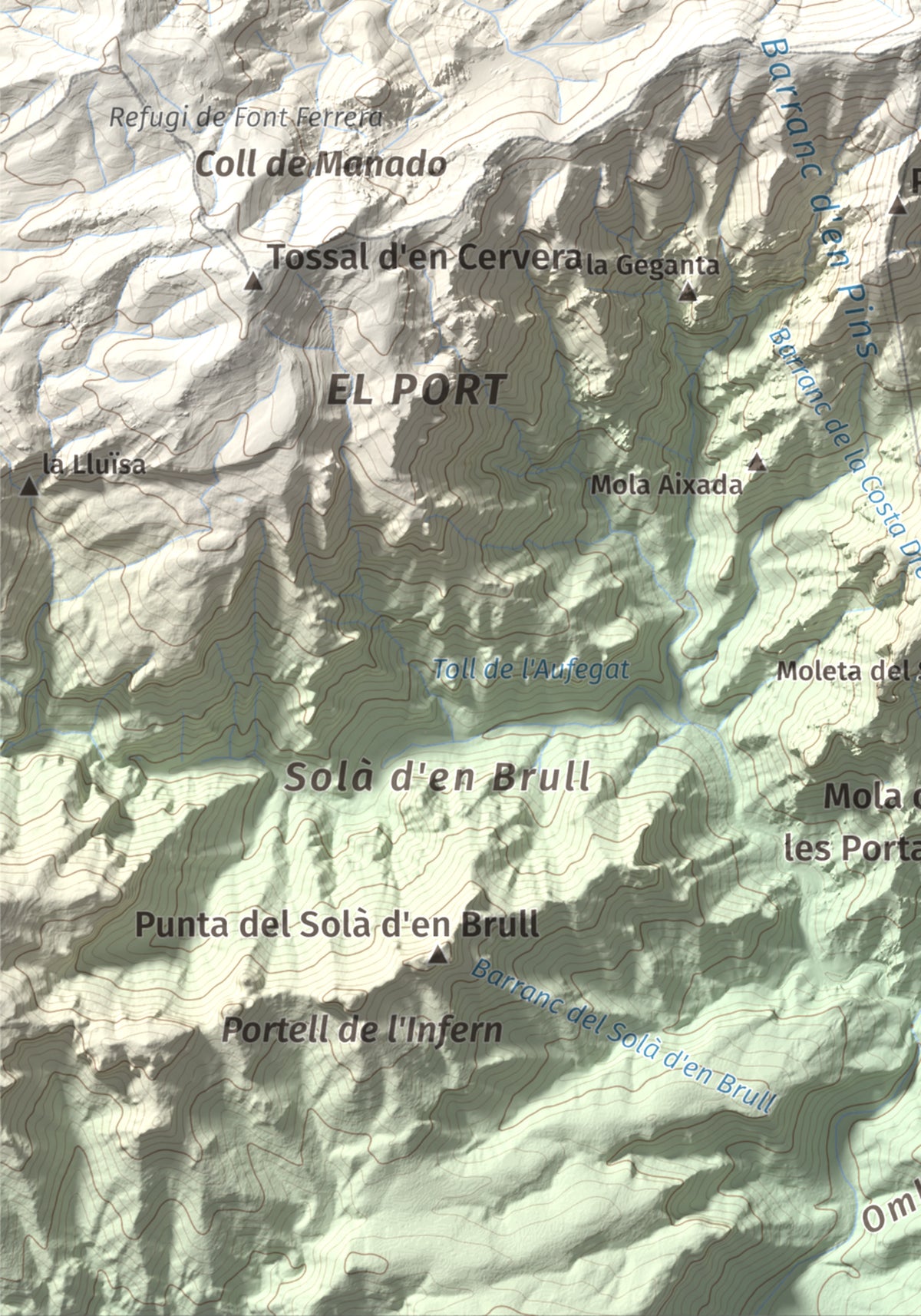 Mapa de relieve del Negrell, 1345 m, Montsià, lámina 100 Cims de Trobart. Detalle de la zona inferior izquierda. 21 × 30 cm.