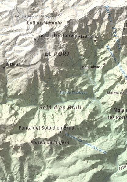 Mapa de relieve del Negrell, 1345 m, Montsià, lámina 100 Cims de Trobart. Detalle de la zona inferior izquierda. 21 × 30 cm.