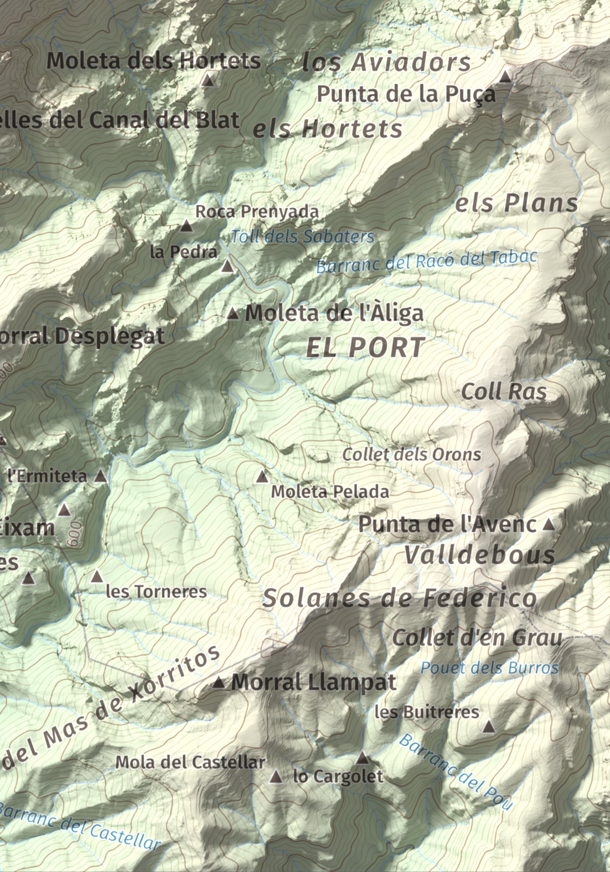 Mapa de relieve del Negrell, 1345 m, Montsià, lámina 100 Cims de Trobart. Detalle de la zona inferior derecha. 21 × 30 cm.