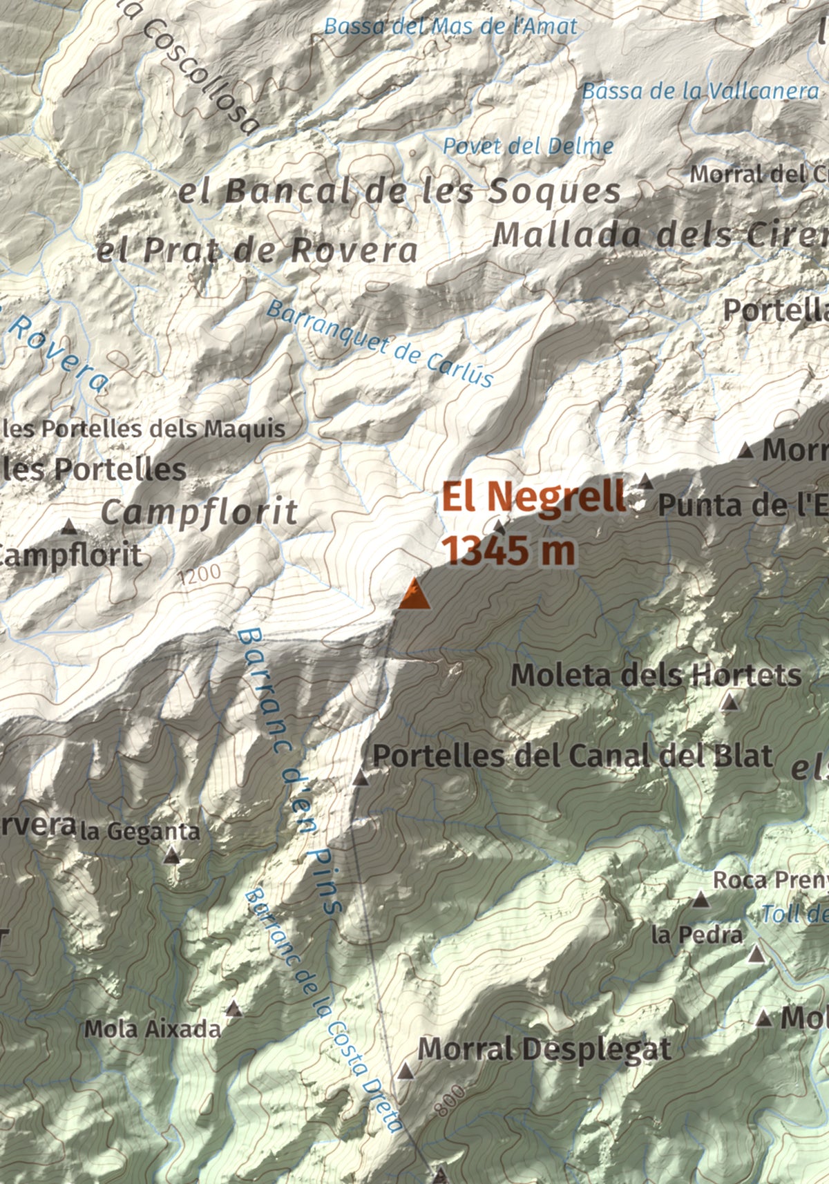 Mapa de relieve del Negrell, 1345 m, Montsià, lámina 100 Cims de Trobart. Detalle de la zona central. 21 × 30 cm.
