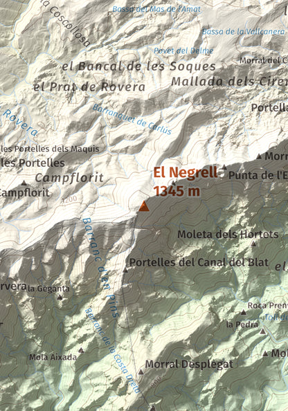Mapa de relieve del Negrell, 1345 m, Montsià, lámina 100 Cims de Trobart. Detalle de la zona central. 21 × 30 cm.