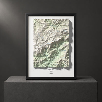 Mapa de relieve del Negrell, 1345 m, Montsià, lámina 100 Cims de Trobart. Presentación enmarcada. 30 × 40 cm.
