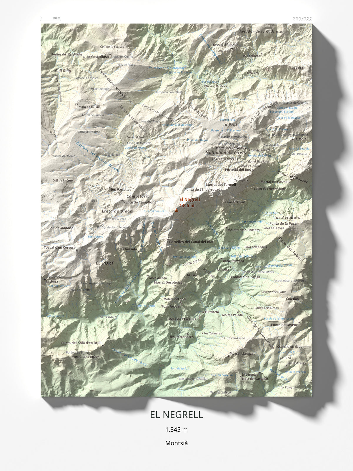 Mapa de relieve del Negrell, 1345 m, Montsià, lámina 100 Cims de Trobart 30 × 40 cm.