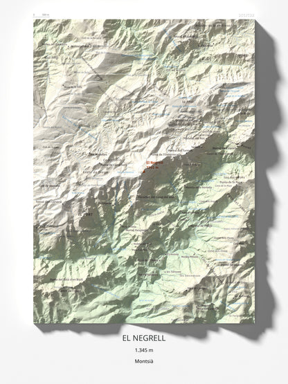 Mapa de relieve del Negrell, 1345 m, Montsià, lámina 100 Cims de Trobart 30 × 40 cm.