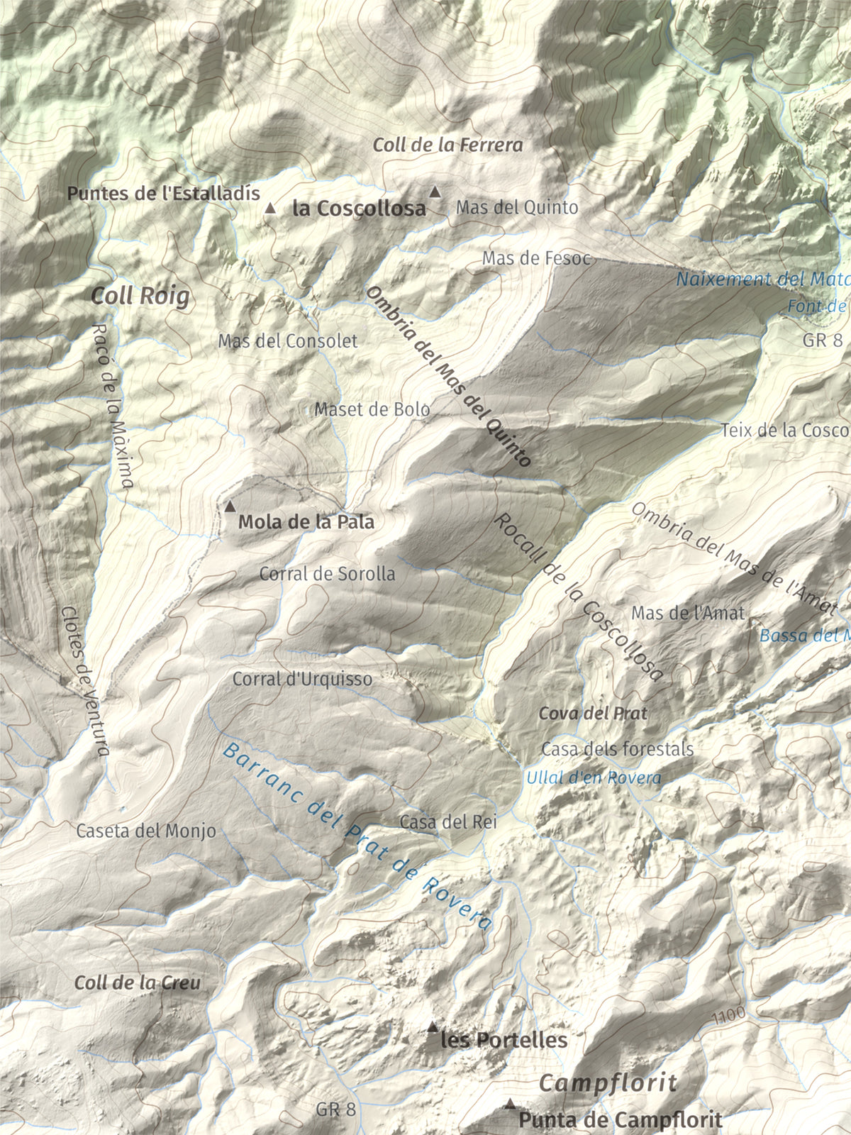 Mapa de relieve del Negrell, 1345 m, Montsià, lámina 100 Cims de Trobart. Detalle de la zona superior izquierda. 30 × 40 cm.