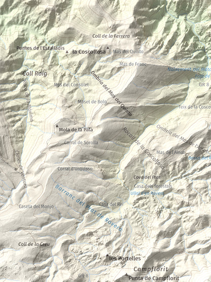Mapa de relieve del Negrell, 1345 m, Montsià, lámina 100 Cims de Trobart. Detalle de la zona superior izquierda. 30 × 40 cm.