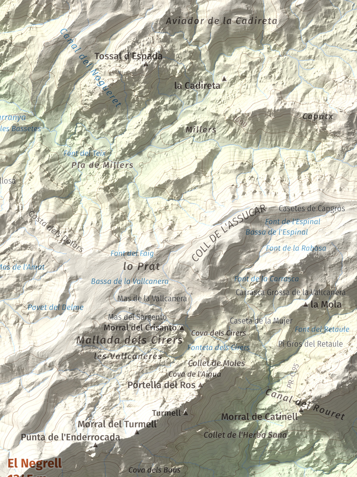 Mapa de relieve del Negrell, 1345 m, Montsià, lámina 100 Cims de Trobart. Detalle de la zona superior derecha. 30 × 40 cm.