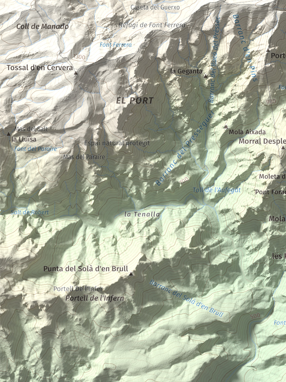 Mapa de relieve del Negrell, 1345 m, Montsià, lámina 100 Cims de Trobart. Detalle de la zona inferior izquierda. 30 × 40 cm.