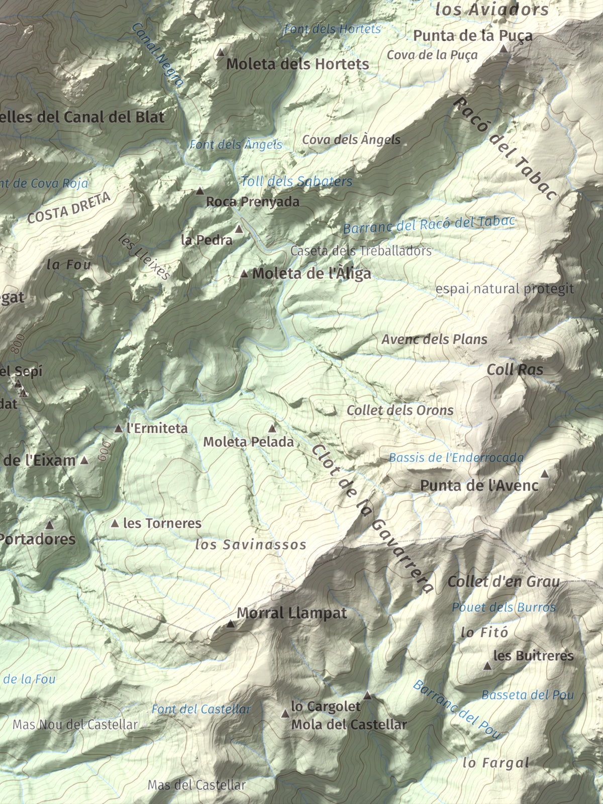Mapa de relieve del Negrell, 1345 m, Montsià, lámina 100 Cims de Trobart. Detalle de la zona inferior derecha. 30 × 40 cm.