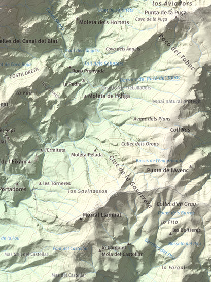 Mapa de relieve del Negrell, 1345 m, Montsià, lámina 100 Cims de Trobart. Detalle de la zona inferior derecha. 30 × 40 cm.