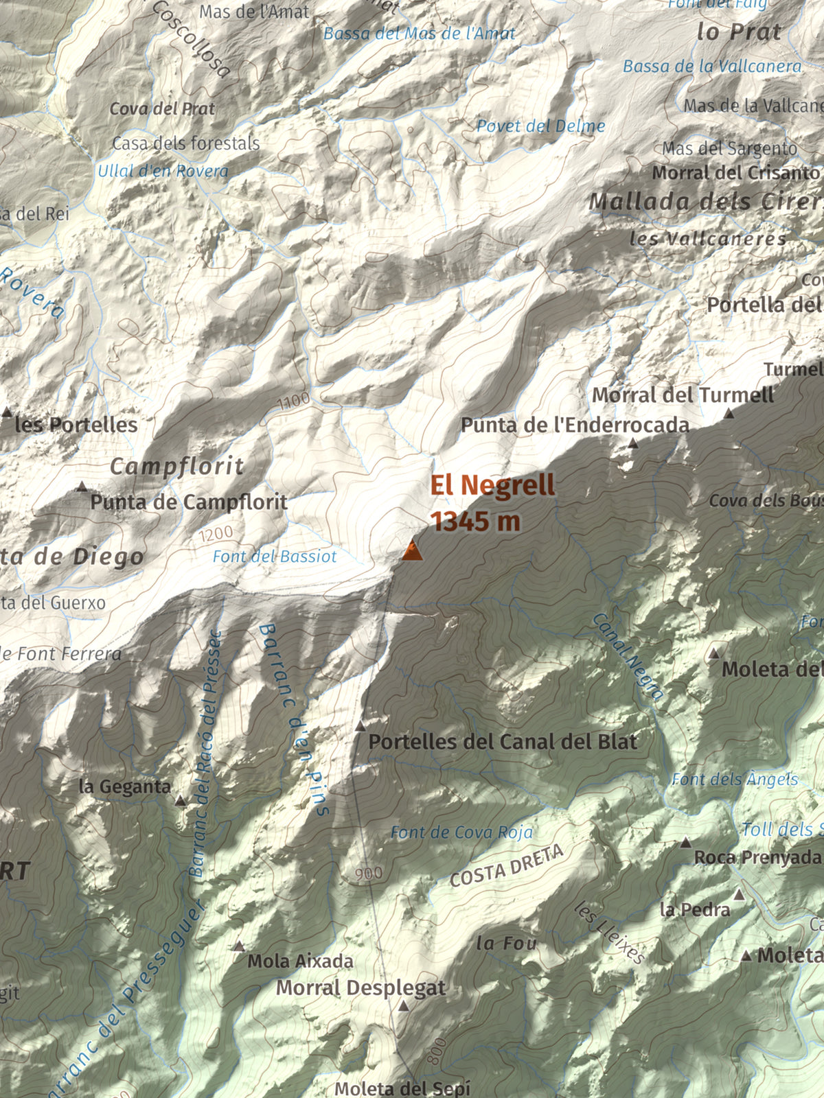 Mapa de relieve del Negrell, 1345 m, Montsià, lámina 100 Cims de Trobart. Detalle de la zona central. 30 × 40 cm.