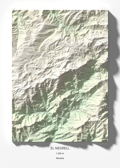 Mapa de relieve del Negrell, 1345 m, Montsià, lámina 100 Cims de Trobart 50 × 70 cm.