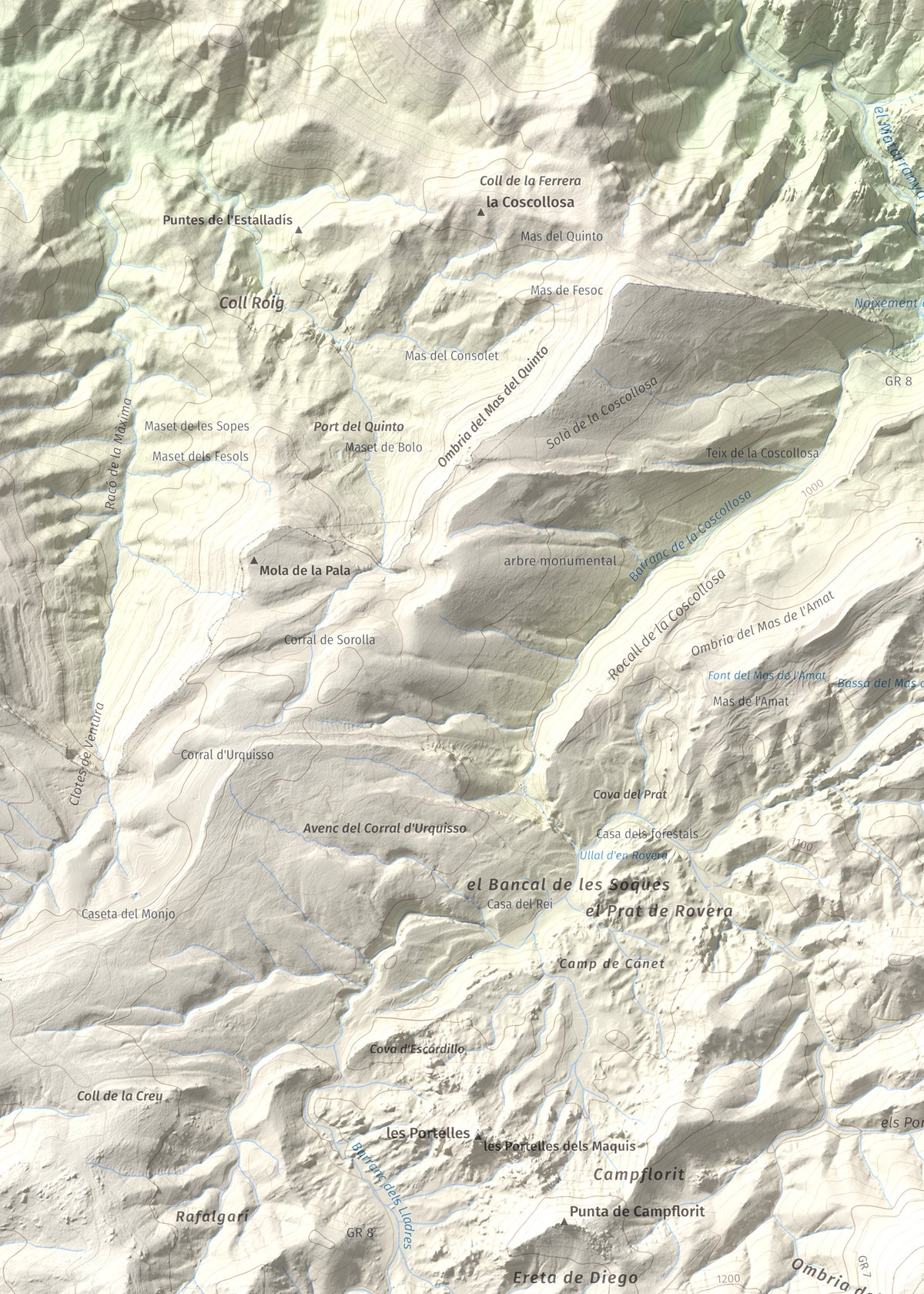 Mapa de relieve del Negrell, 1345 m, Montsià, lámina 100 Cims de Trobart. Detalle de la zona superior izquierda. 50 × 70 cm.
