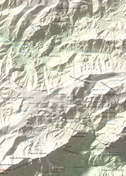 Mapa de relieve del Negrell, 1345 m, Montsià, lámina 100 Cims de Trobart. Detalle de la zona superior derecha. 50 × 70 cm.