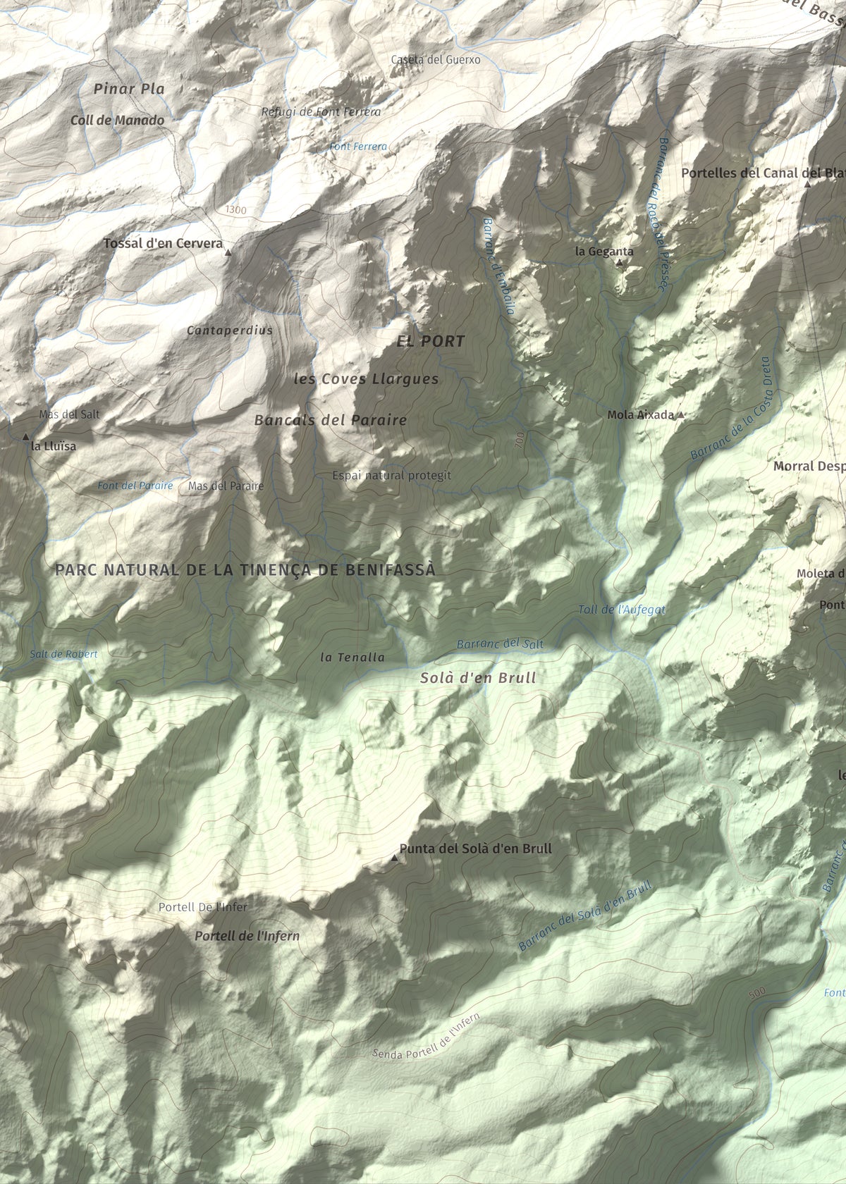 Mapa de relieve del Negrell, 1345 m, Montsià, lámina 100 Cims de Trobart. Detalle de la zona inferior izquierda. 50 × 70 cm.
