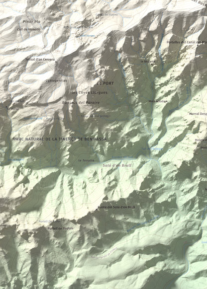 Mapa de relieve del Negrell, 1345 m, Montsià, lámina 100 Cims de Trobart. Detalle de la zona inferior izquierda. 50 × 70 cm.
