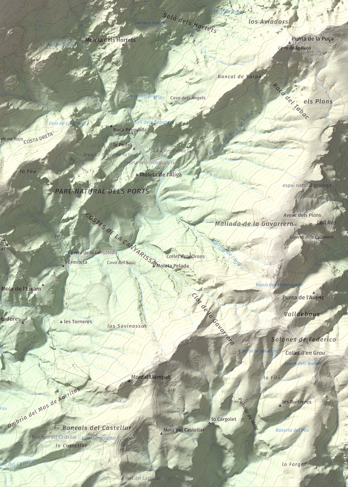 Mapa de relieve del Negrell, 1345 m, Montsià, lámina 100 Cims de Trobart. Detalle de la zona inferior derecha. 50 × 70 cm.