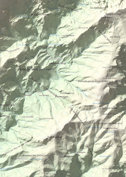 Mapa de relieve del Negrell, 1345 m, Montsià, lámina 100 Cims de Trobart. Detalle de la zona inferior derecha. 50 × 70 cm.