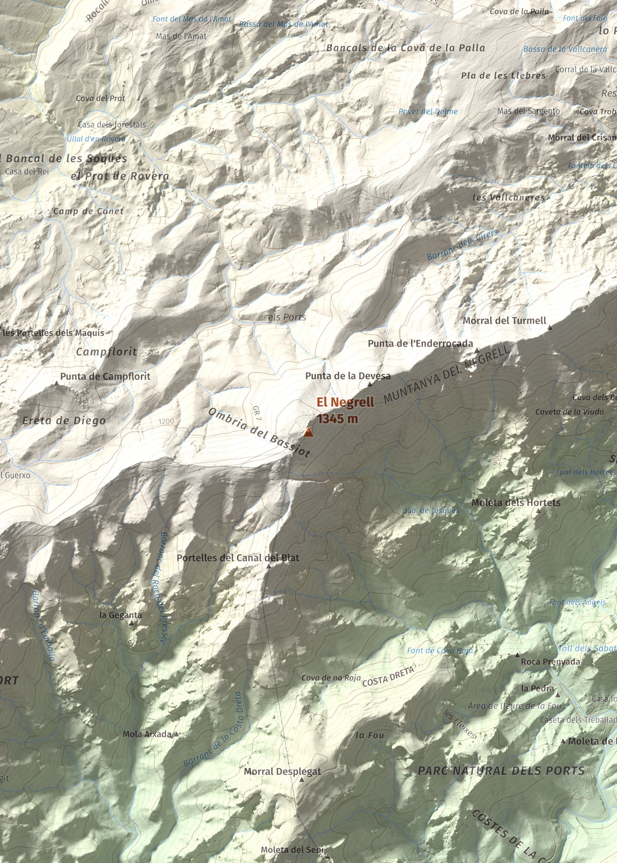 Mapa de relieve del Negrell, 1345 m, Montsià, lámina 100 Cims de Trobart. Detalle de la zona central. 50 × 70 cm.