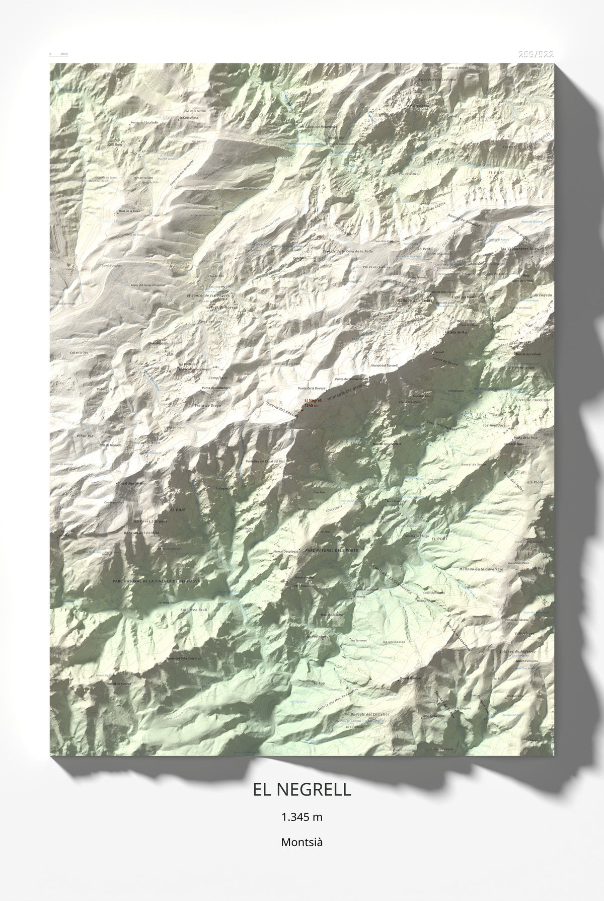 Mapa de relieve del Negrell, 1345 m, Montsià, lámina 100 Cims de Trobart 61 × 91 cm.