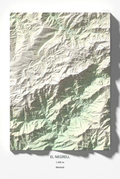 Mapa de relieve del Negrell, 1345 m, Montsià, lámina 100 Cims de Trobart 61 × 91 cm.