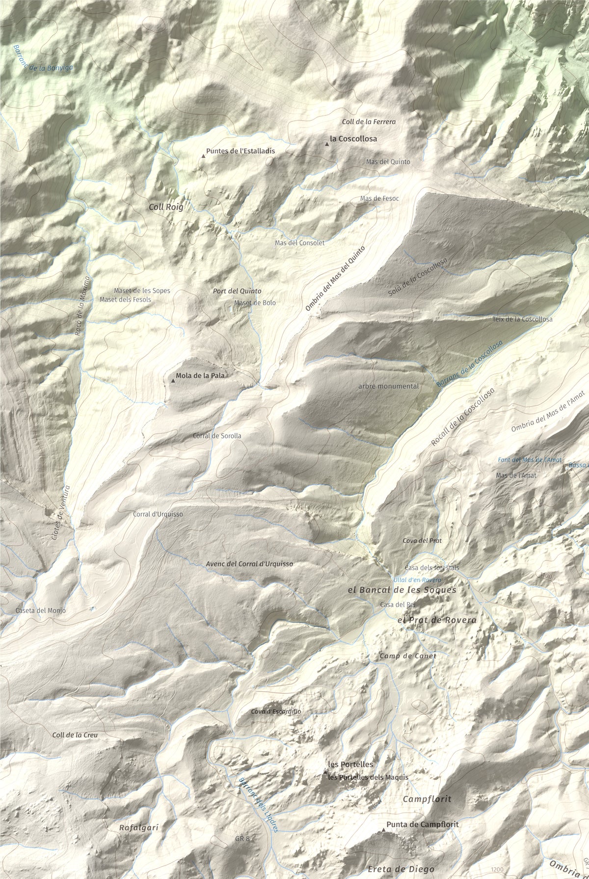 Mapa de relieve del Negrell, 1345 m, Montsià, lámina 100 Cims de Trobart. Detalle de la zona superior izquierda. 61 × 91 cm.