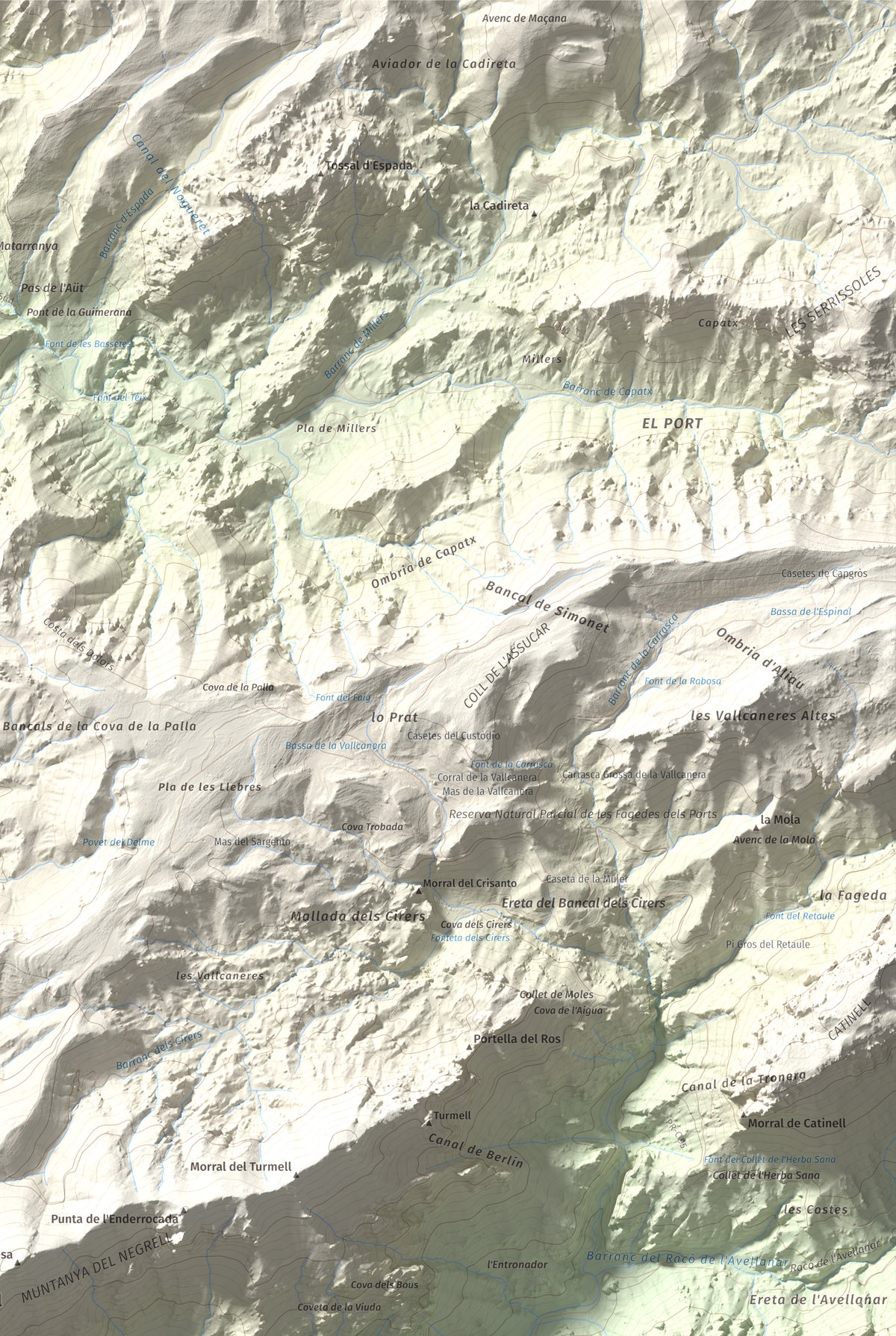 Mapa de relieve del Negrell, 1345 m, Montsià, lámina 100 Cims de Trobart. Detalle de la zona superior derecha. 61 × 91 cm.