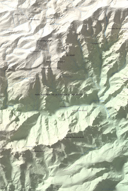Mapa de relieve del Negrell, 1345 m, Montsià, lámina 100 Cims de Trobart. Detalle de la zona inferior izquierda. 61 × 91 cm.