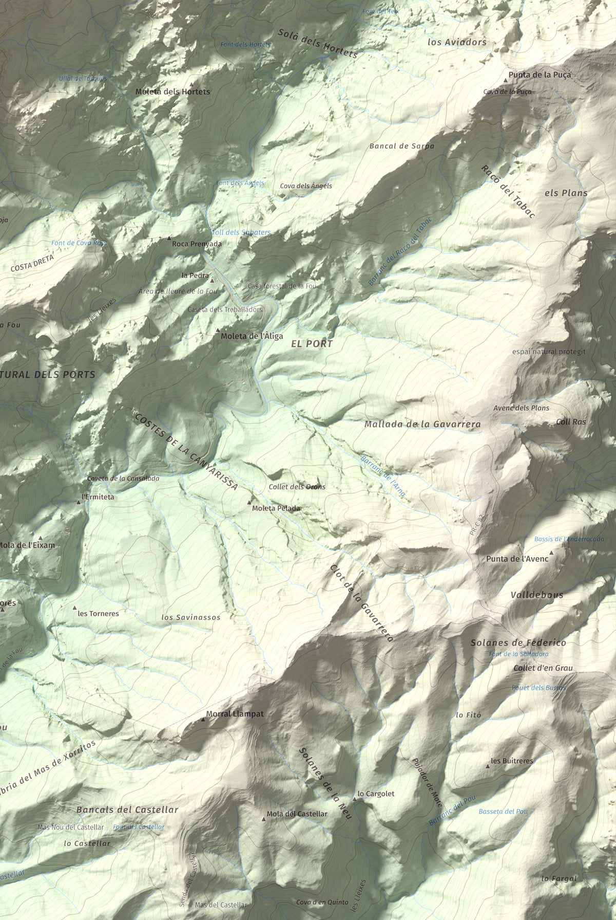 Mapa de relieve del Negrell, 1345 m, Montsià, lámina 100 Cims de Trobart. Detalle de la zona inferior derecha. 61 × 91 cm.