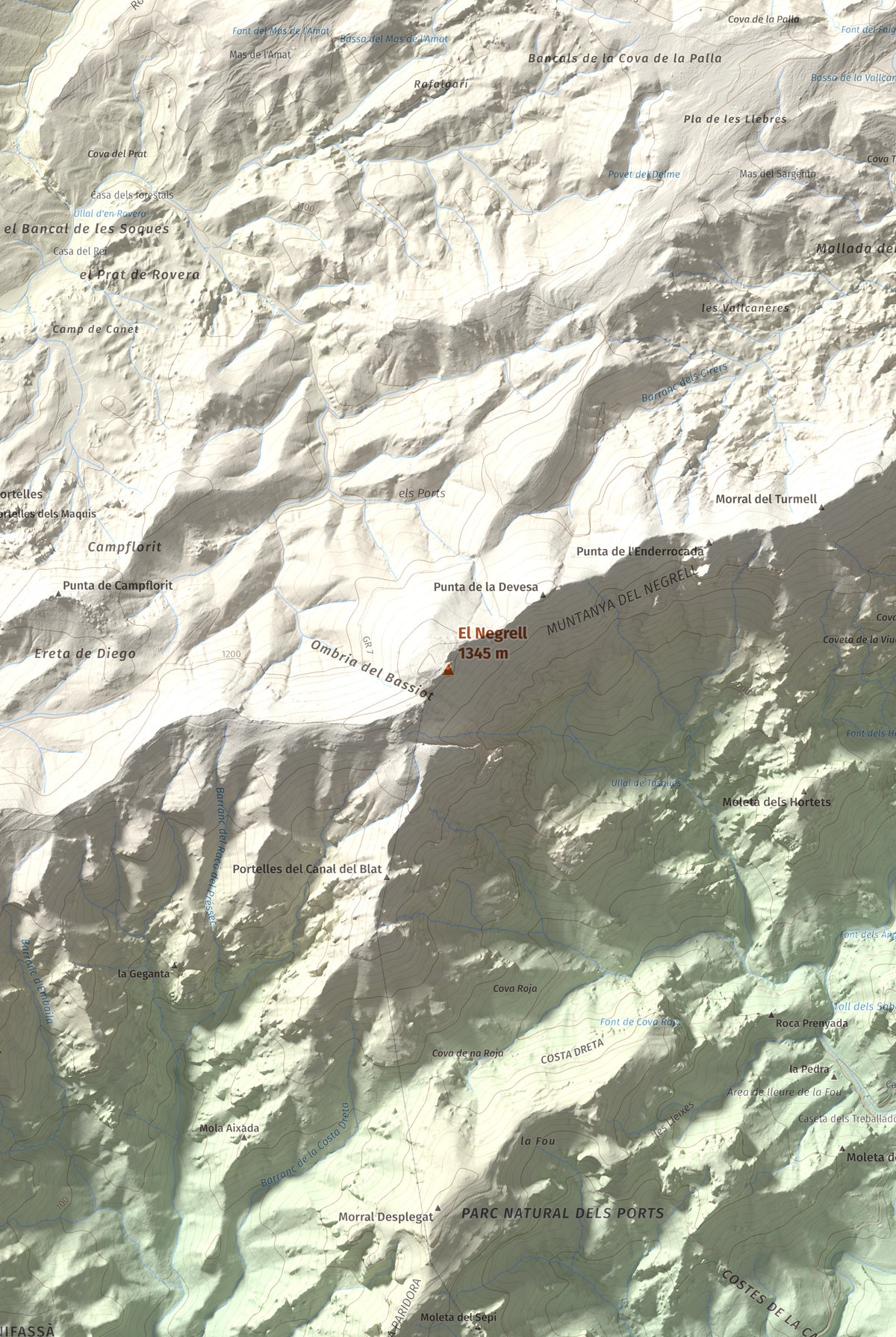 Mapa de relieve del Negrell, 1345 m, Montsià, lámina 100 Cims de Trobart. Detalle de la zona central. 61 × 91 cm.