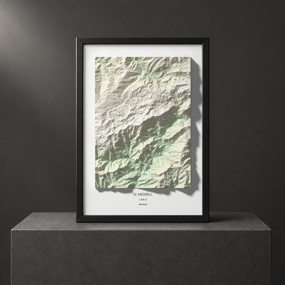 Mapa de relieve del Negrell, 1345 m, Montsià, lámina 100 Cims de Trobart. Presentación enmarcada. 70 × 100 cm.