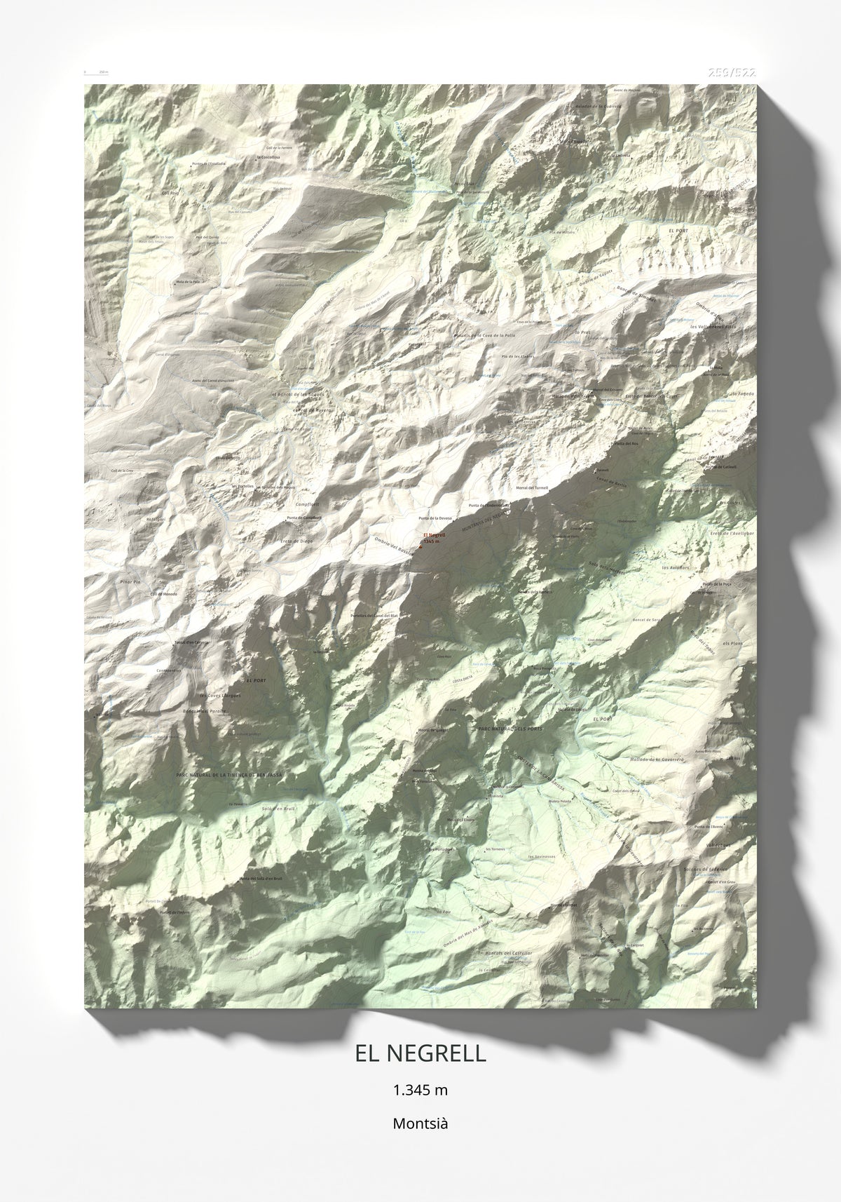 Mapa de relieve del Negrell, 1345 m, Montsià, lámina 100 Cims de Trobart 70 × 100 cm.