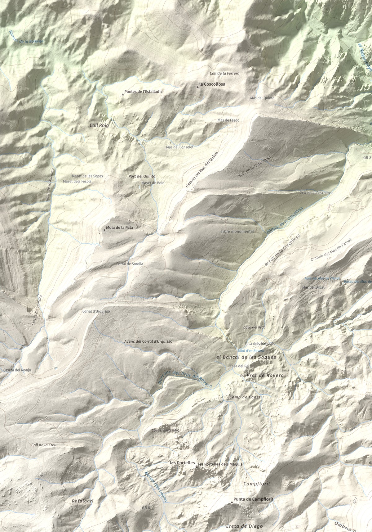 Mapa de relieve del Negrell, 1345 m, Montsià, lámina 100 Cims de Trobart. Detalle de la zona superior izquierda. 70 × 100 cm.