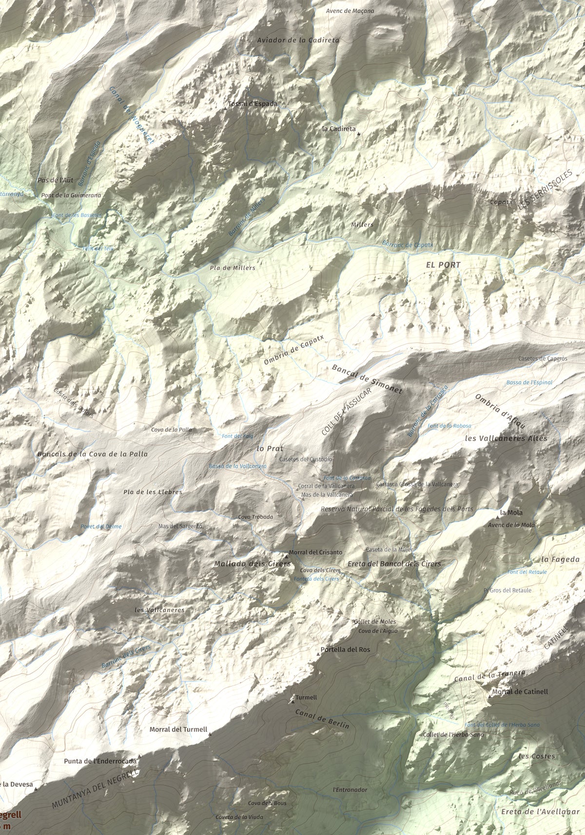Mapa de relieve del Negrell, 1345 m, Montsià, lámina 100 Cims de Trobart. Detalle de la zona superior derecha. 70 × 100 cm.