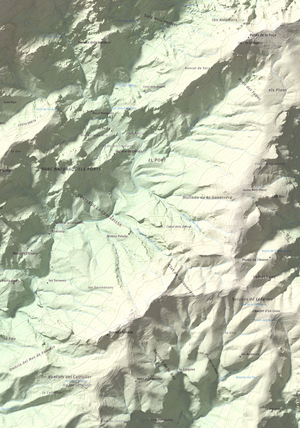 Mapa de relieve del Negrell, 1345 m, Montsià, lámina 100 Cims de Trobart. Detalle de la zona inferior derecha. 70 × 100 cm.