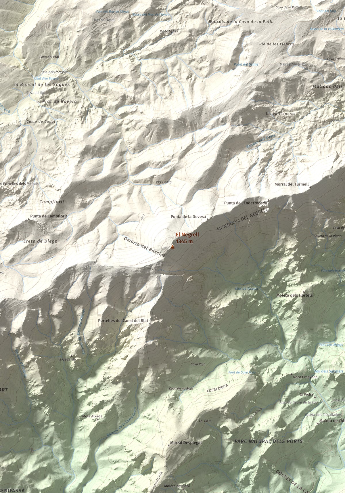 Mapa de relieve del Negrell, 1345 m, Montsià, lámina 100 Cims de Trobart. Detalle de la zona central. 70 × 100 cm.