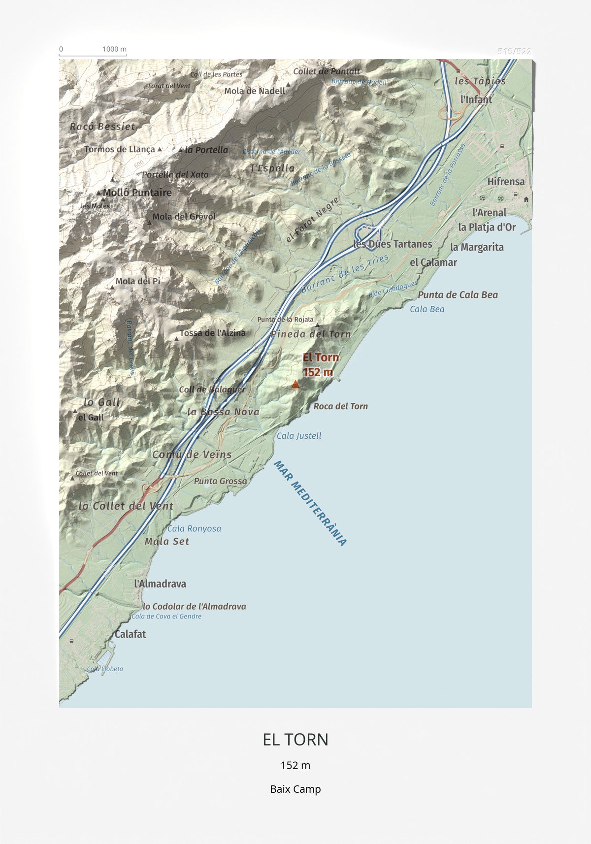 Mapa topogràfic del relleu: El Torn, 152 m. Làmina completa. 21 × 30 cm.