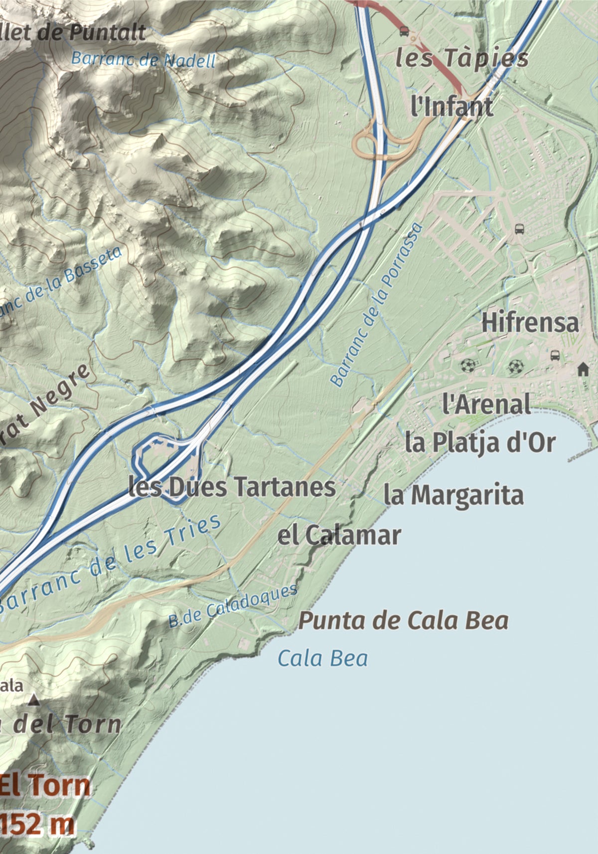 Mapa topogràfic del relleu: El Torn, 152 m. Detall de la zona superior dreta. 21 × 30 cm.