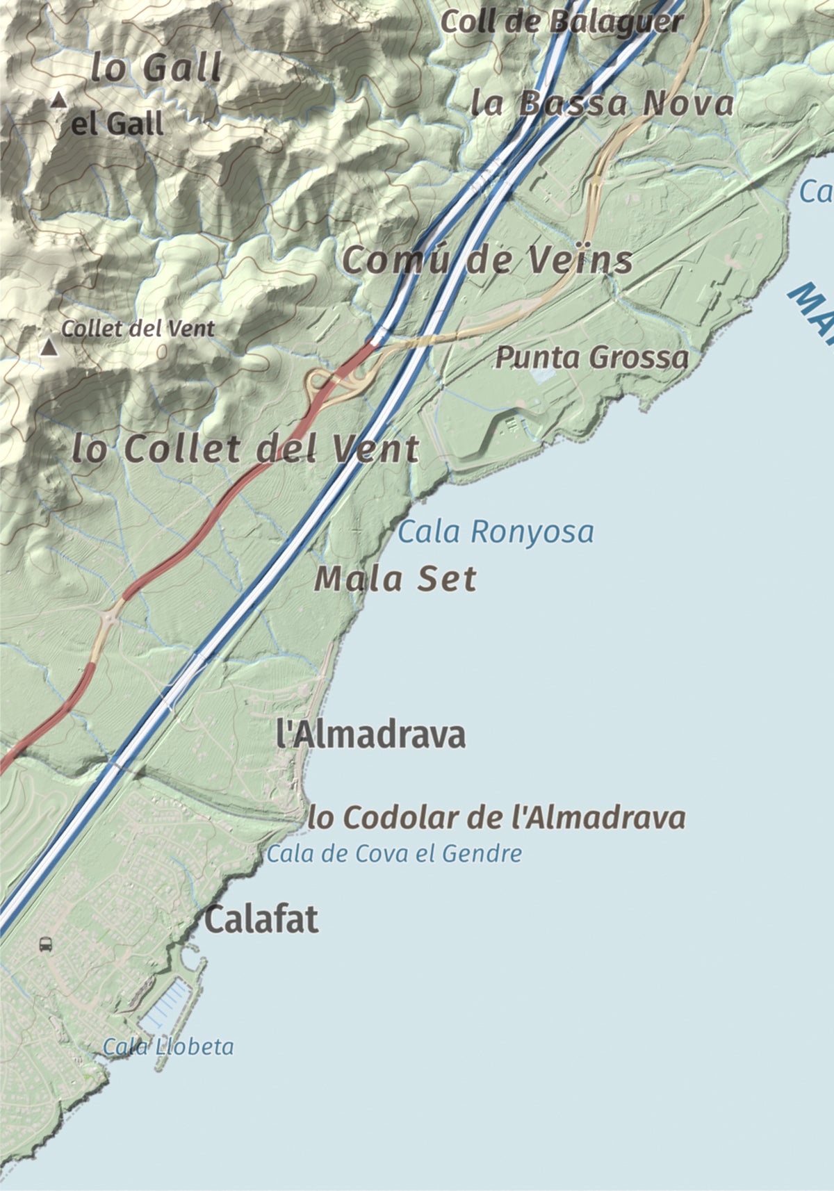 Mapa topogràfic del relleu: El Torn, 152 m. Detall de la zona inferior esquerra. 21 × 30 cm.