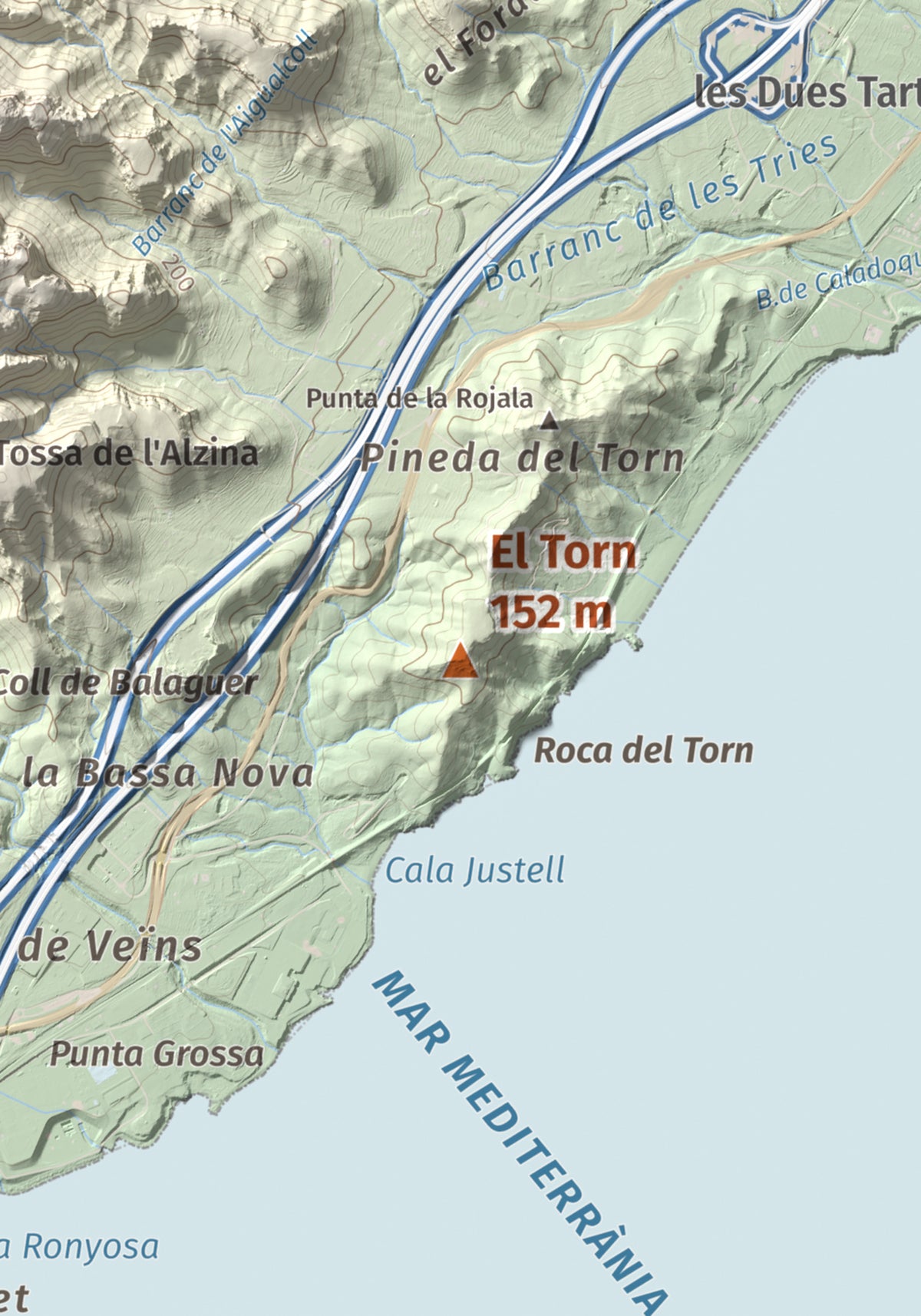 Mapa topogràfic del relleu: El Torn, 152 m. Detall de la zona central. 21 × 30 cm.