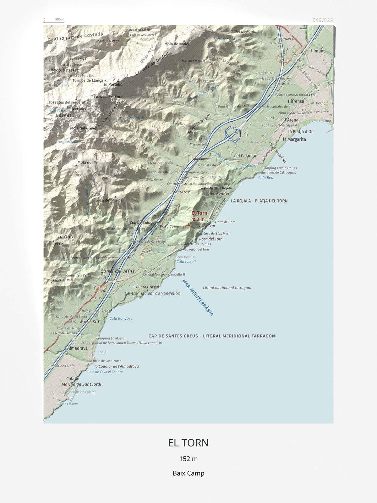 Mapa topogràfic del relleu: El Torn, 152 m. Làmina completa. 30 × 40 cm.