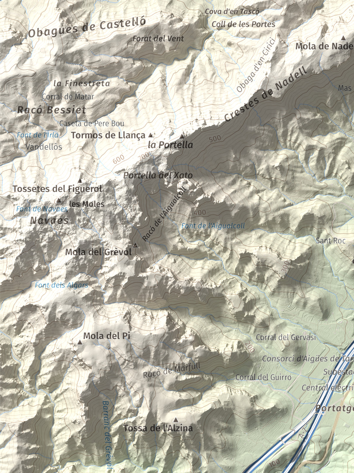 Mapa topogràfic del relleu: El Torn, 152 m. Detall de la zona superior esquerra. 30 × 40 cm.