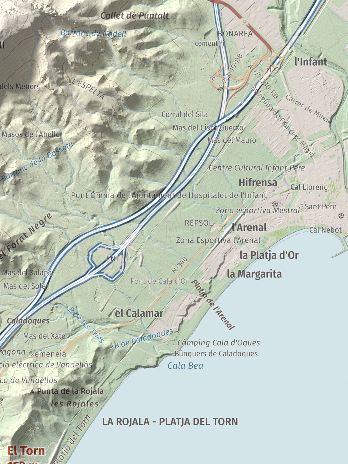 Mapa topogràfic del relleu: El Torn, 152 m. Detall de la zona superior dreta. 30 × 40 cm.