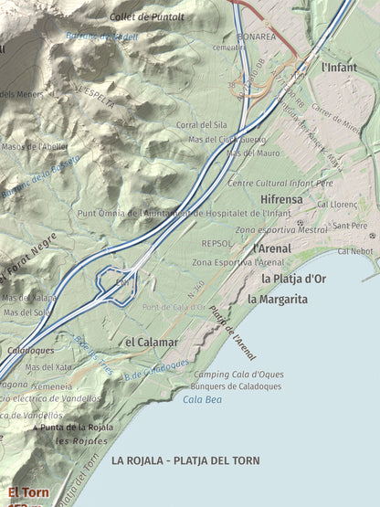 Mapa topogràfic del relleu: El Torn, 152 m. Detall de la zona superior dreta. 30 × 40 cm.
