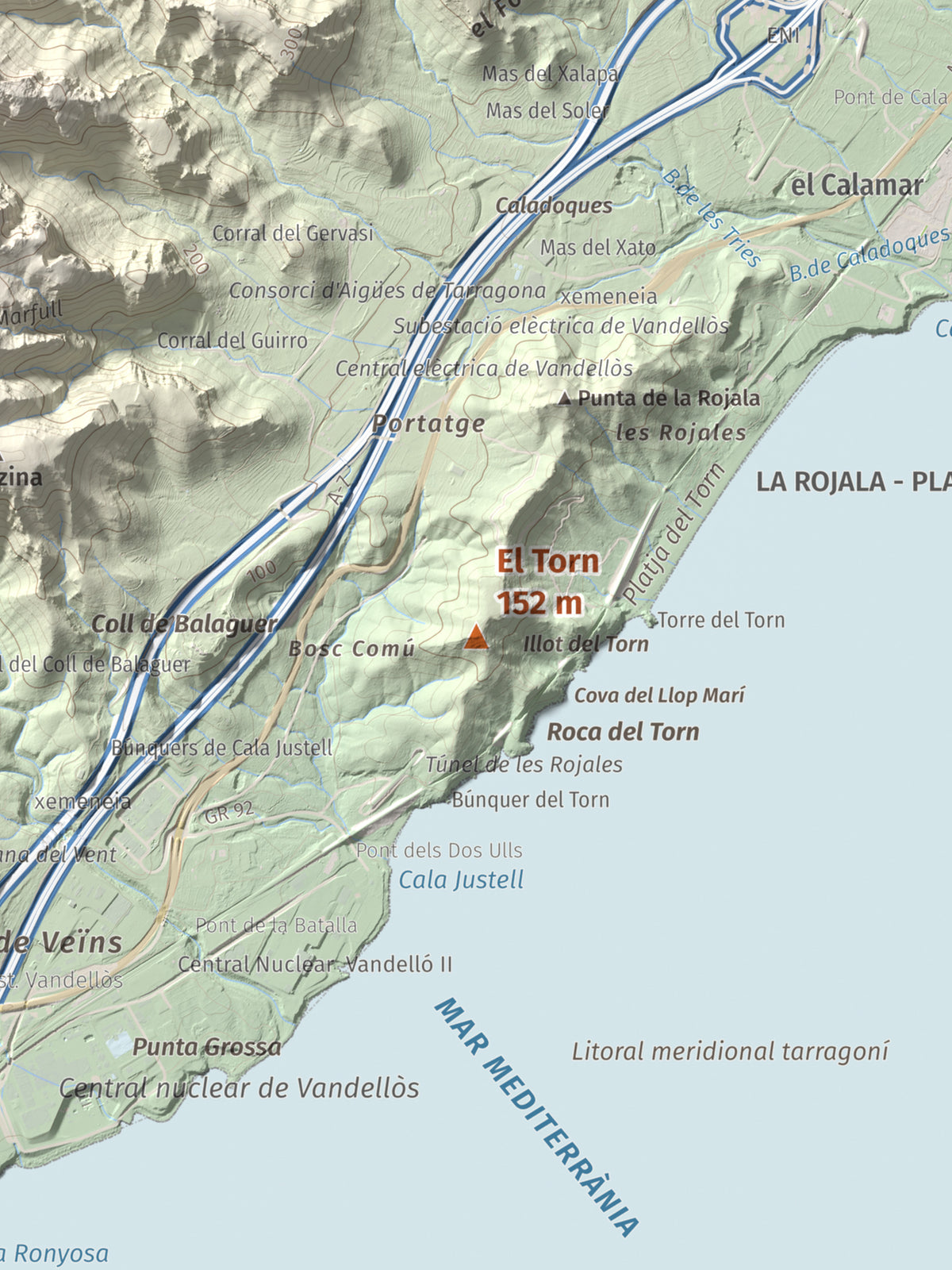 Mapa topogràfic del relleu: El Torn, 152 m. Detall de la zona central. 30 × 40 cm.