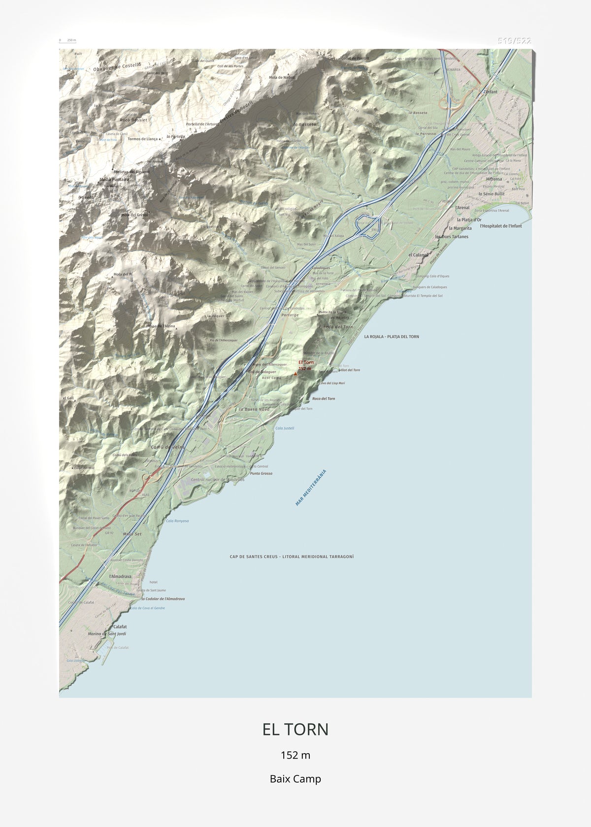 Mapa topogràfic del relleu: El Torn, 152 m. Làmina completa. 50 × 70 cm.