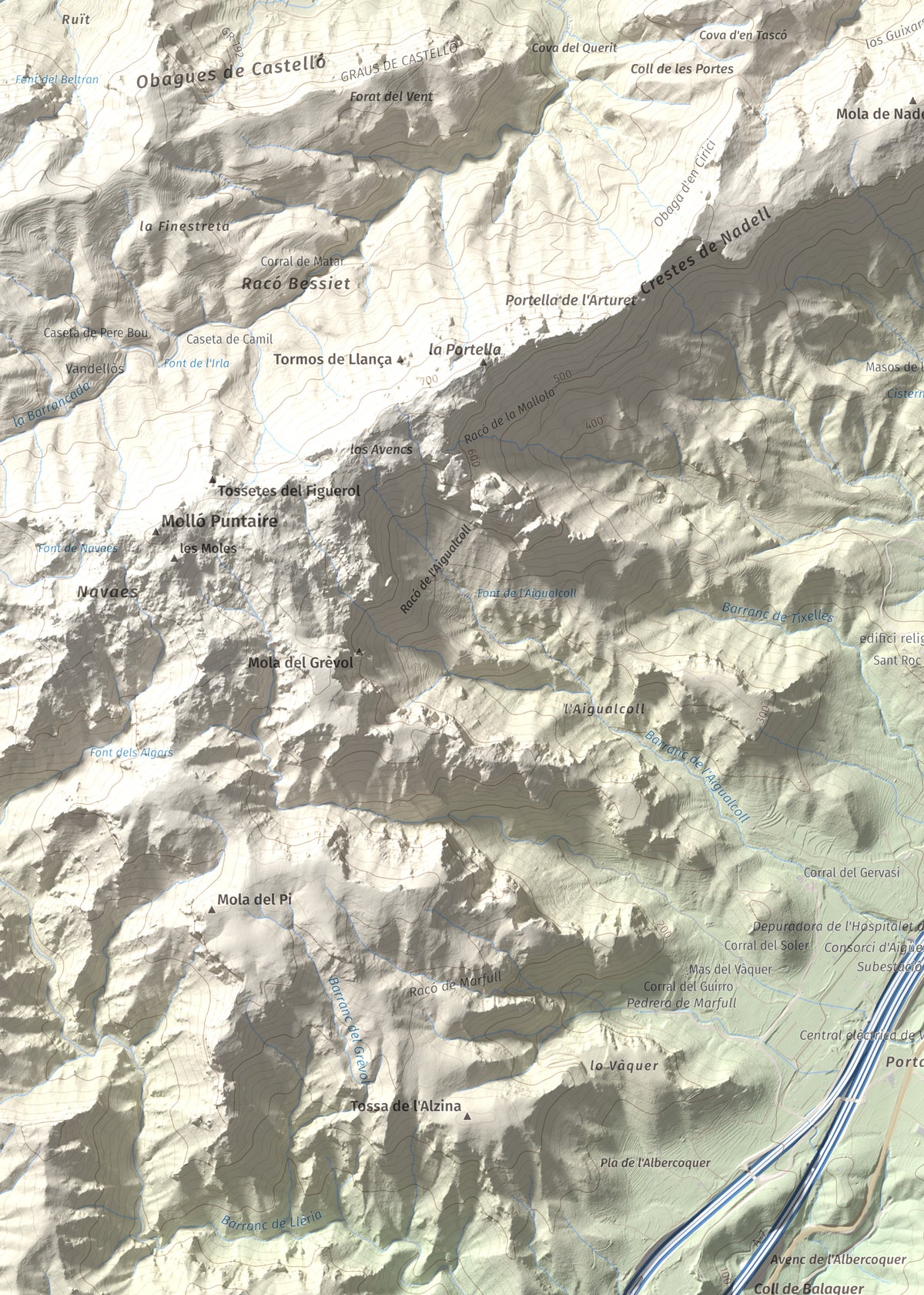 Mapa topogràfic del relleu: El Torn, 152 m. Detall de la zona superior esquerra. 50 × 70 cm.